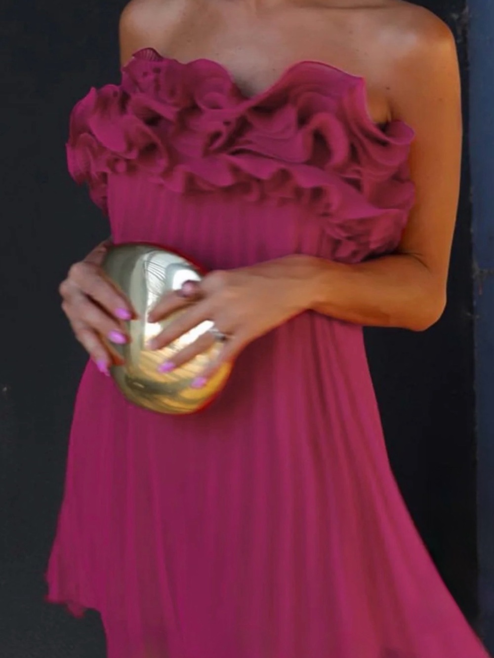 Commense Strapless Ruffle Dress in Magenta